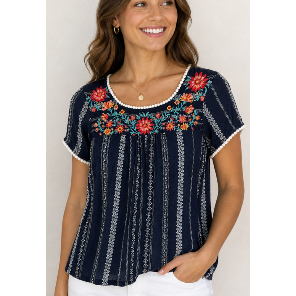 Savannah Jane Navy Boho Top S Floral Embroidered Peasant Blouse Rayon Festival